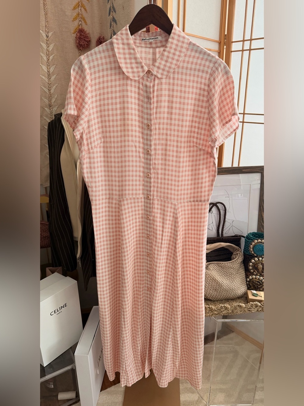Reformation Pink Gingham Midi Dress – Size 10